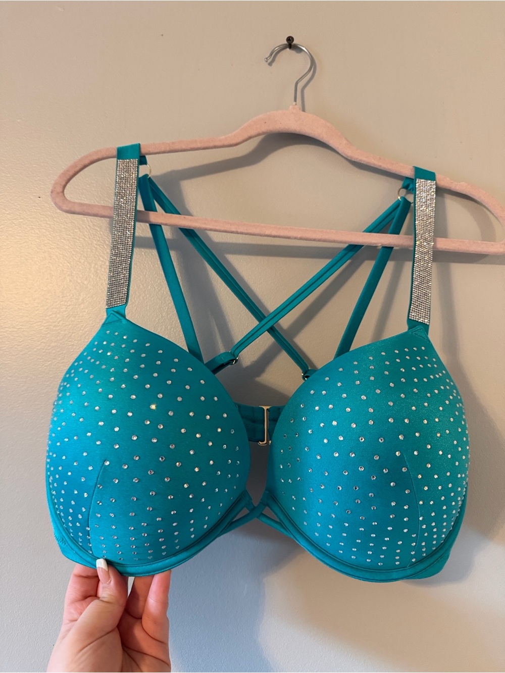 Bombshell Victoria's Secret Teal Rhinestone-Embellished Strappy Bikini Top